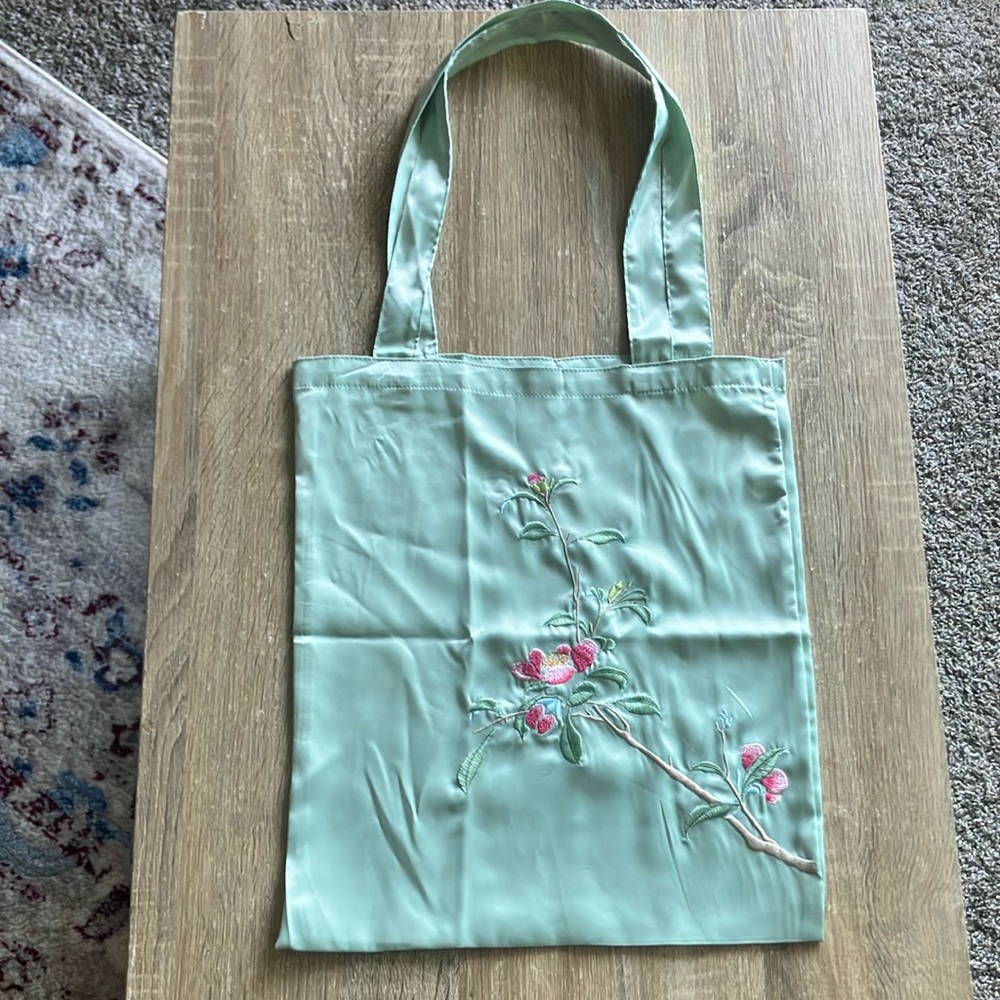 Floral Embroidered Green Tote Bag